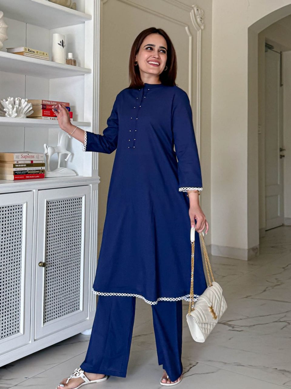Royal Navy Cotton Kurti Set with Elegant Lace Finish