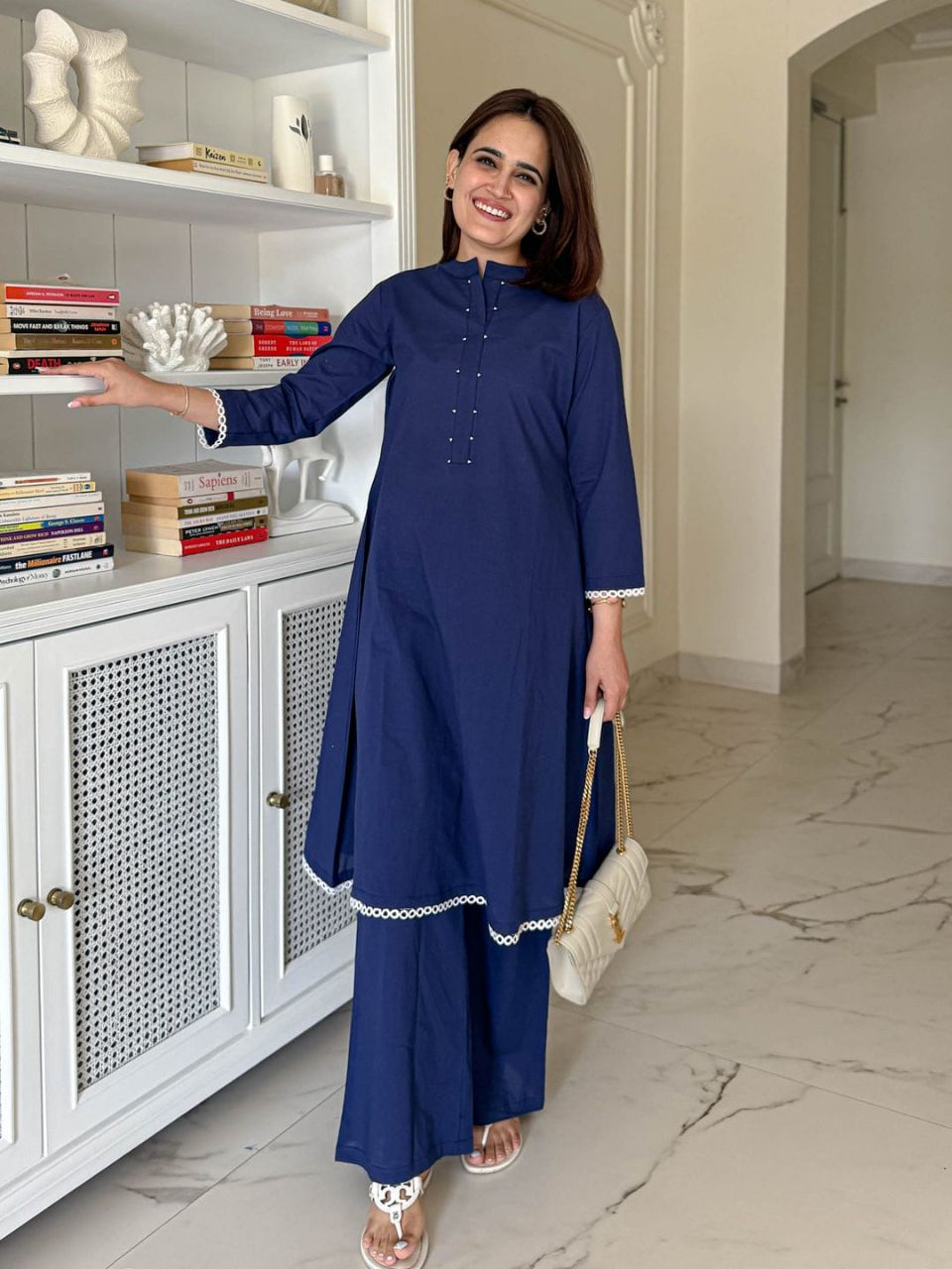 Royal Navy Cotton Kurti Set with Elegant Lace Finish