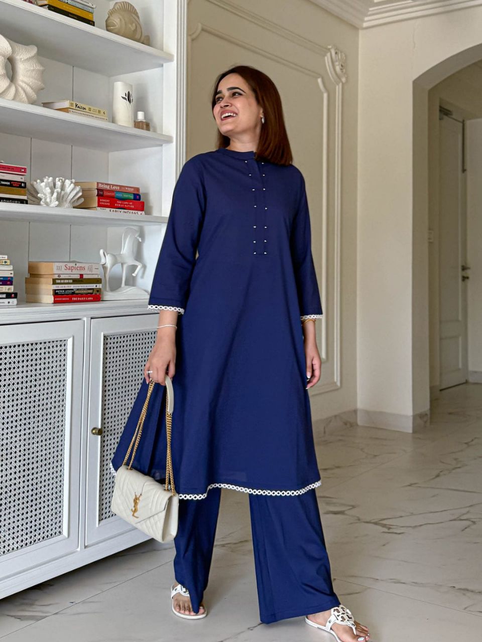 Royal Navy Cotton Kurti Set with Elegant Lace Finish