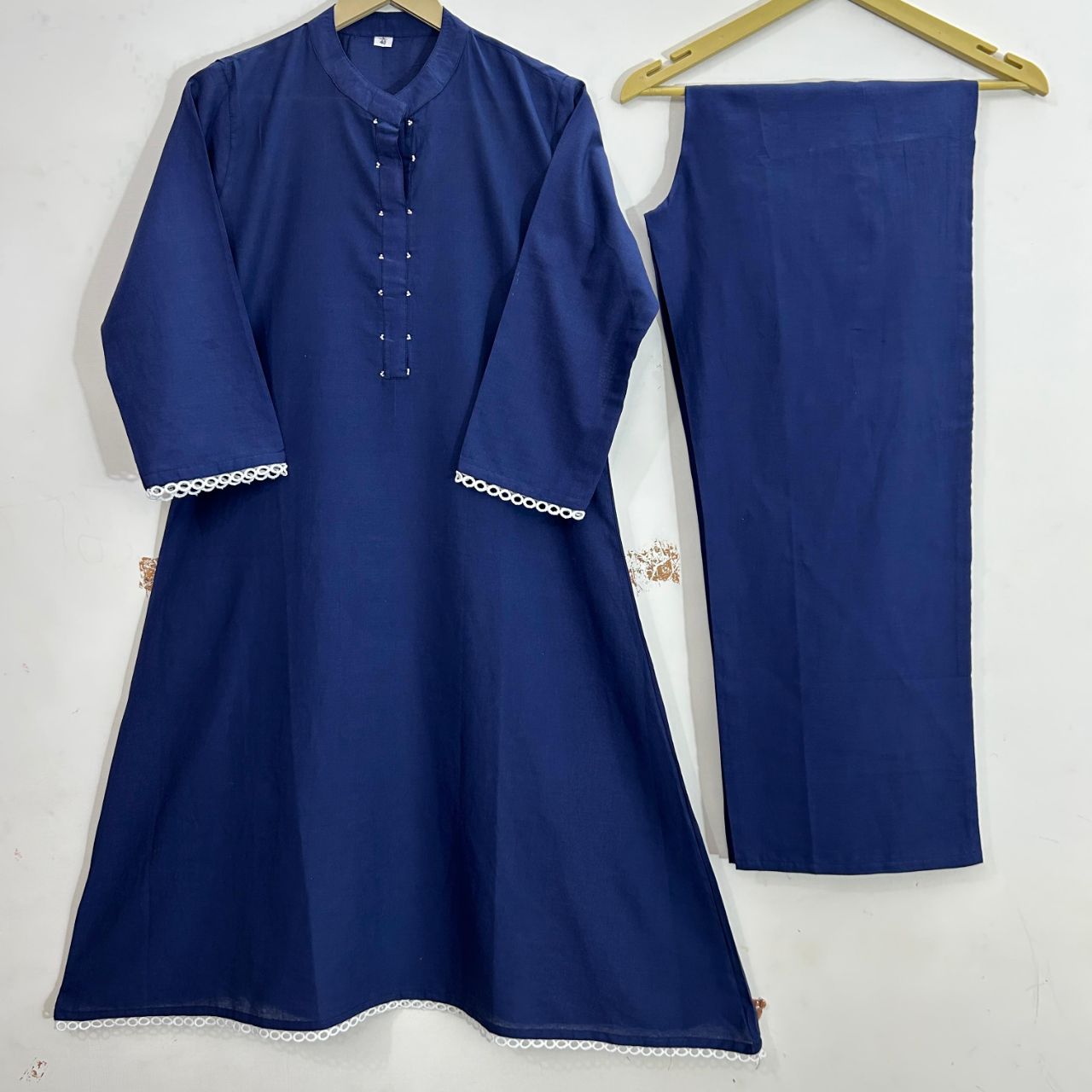 Royal Navy Cotton Kurti Set with Elegant Lace Finish