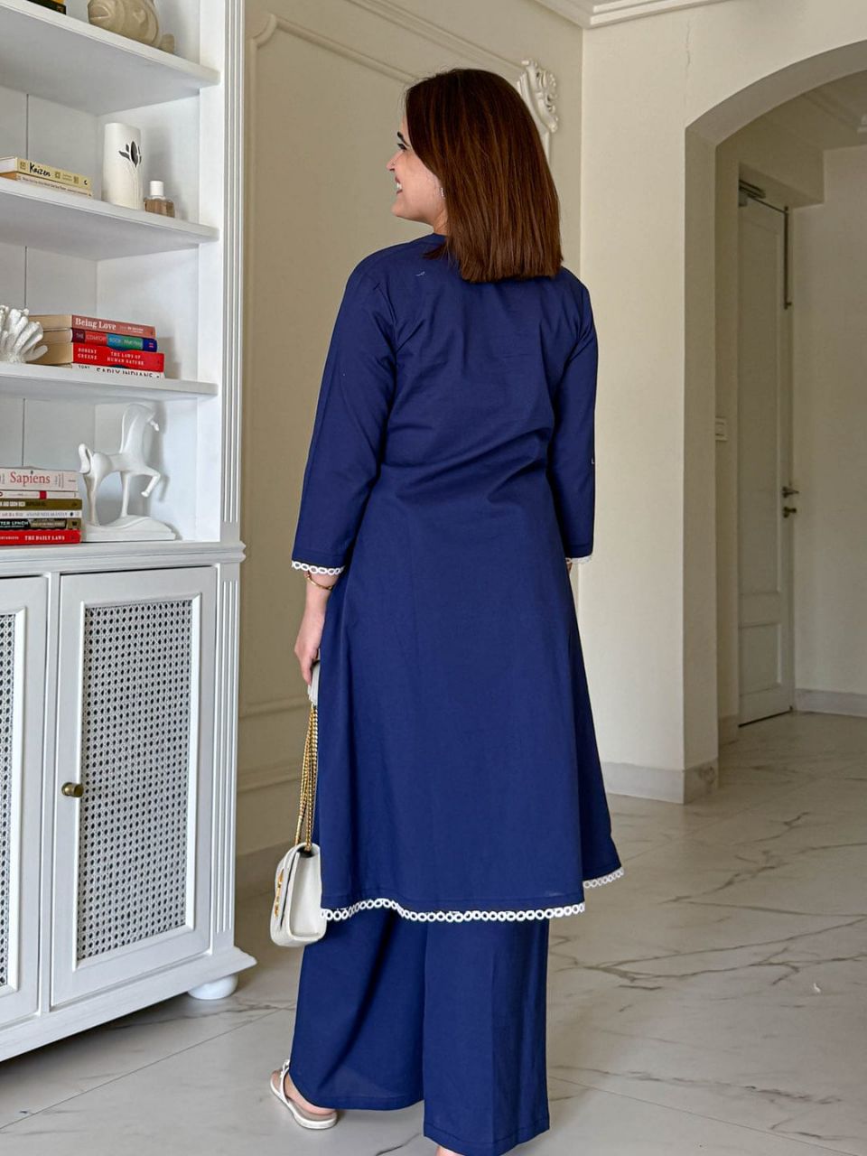 Royal Navy Cotton Kurti Set with Elegant Lace Finish