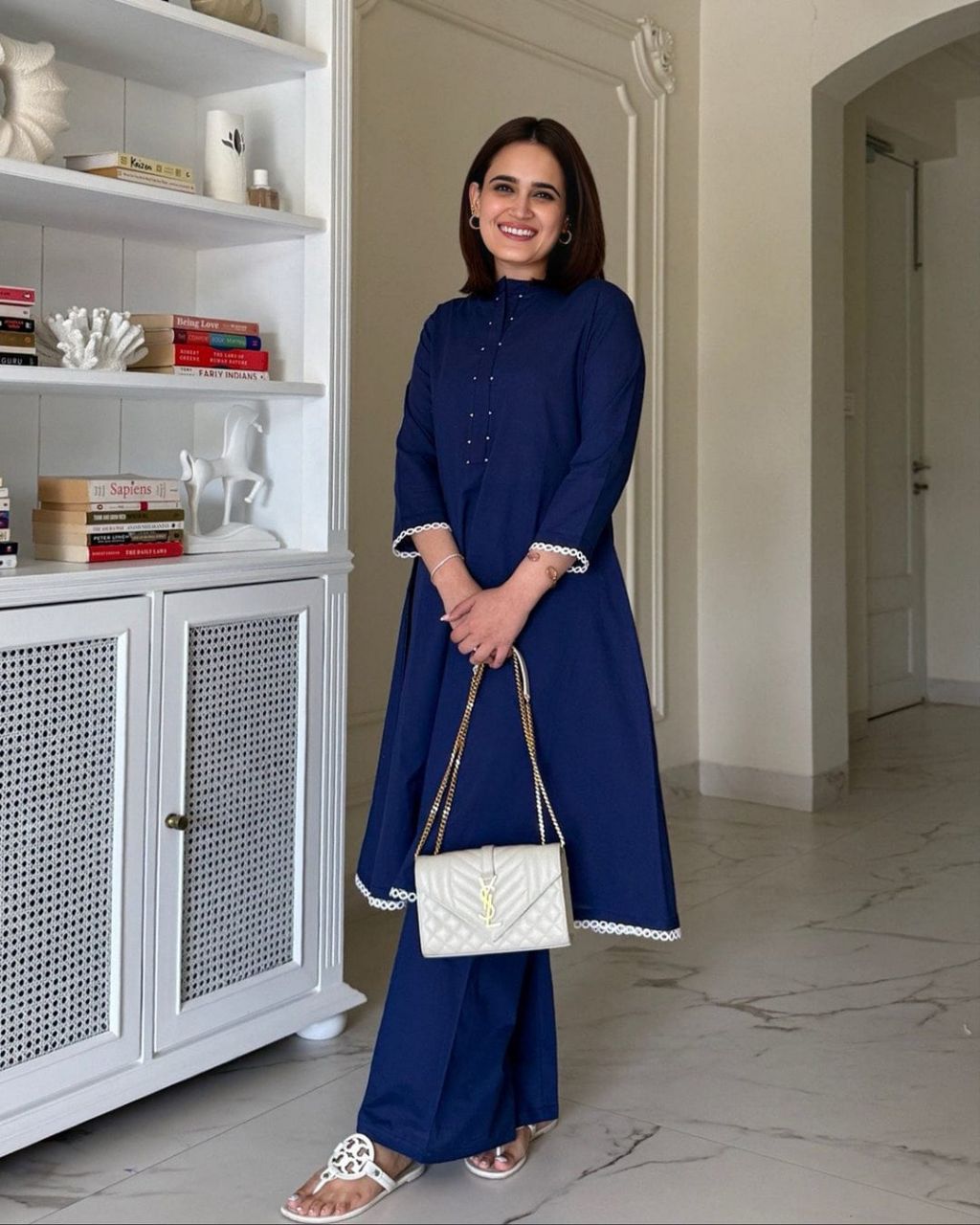 Royal Navy Cotton Kurti Set with Elegant Lace Finish