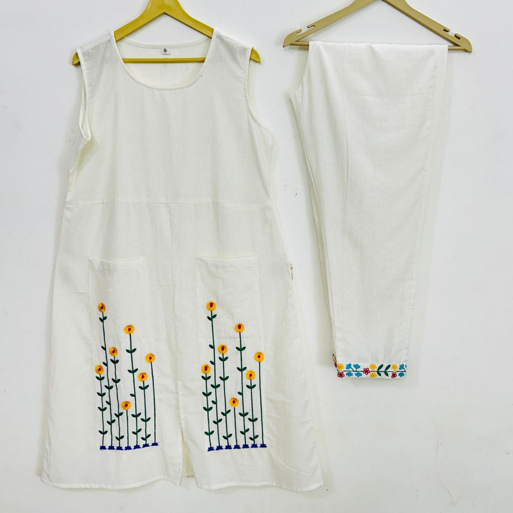 Hand Embroidered Floral Kurti With Bottom – Premium Cotton