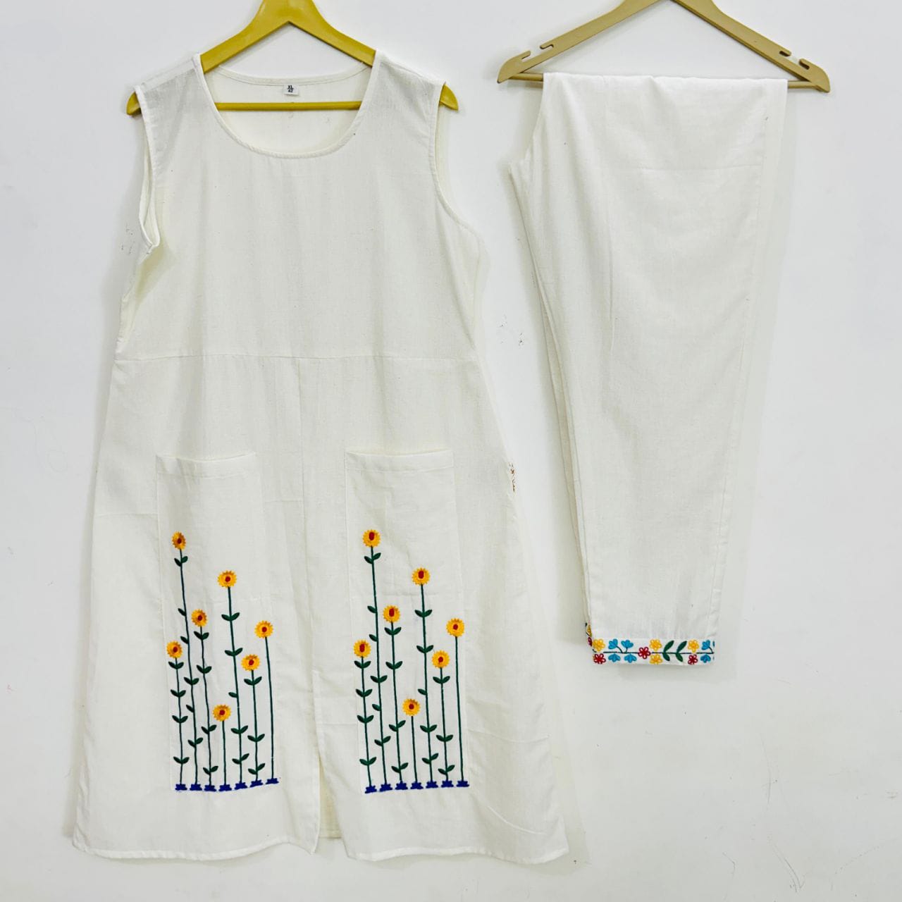 Hand Embroidered Floral Kurti With Bottom – Premium Cotton